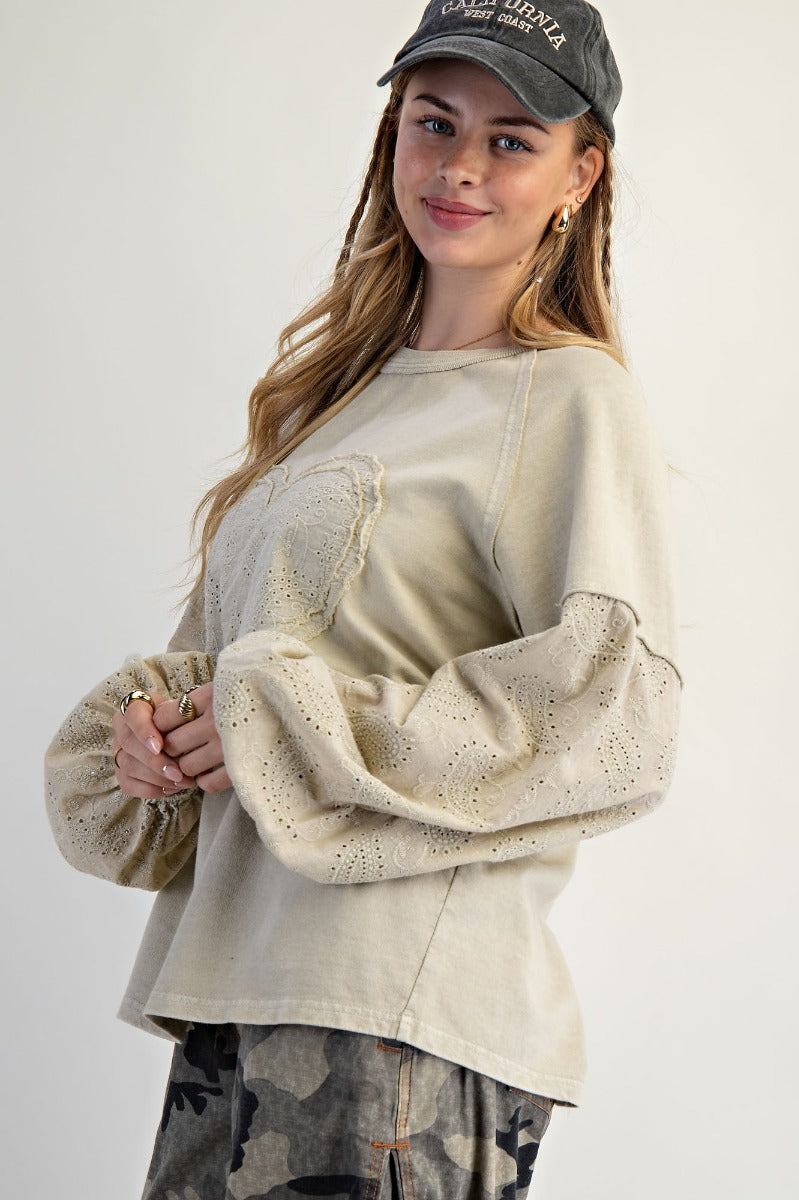 PLUS SIZE Easel Eyelet Lace Heart Patched Mineral Washed Cotton Top in Faded Sage