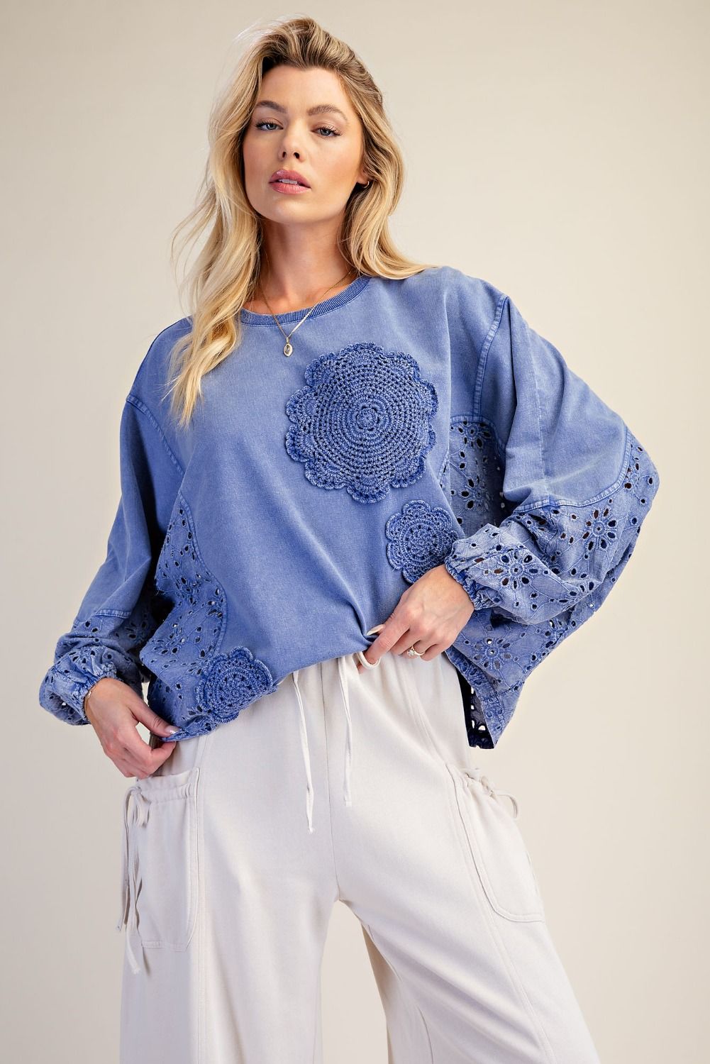Easel Crochet Bloom Mineral Wash Terry Top in Blue