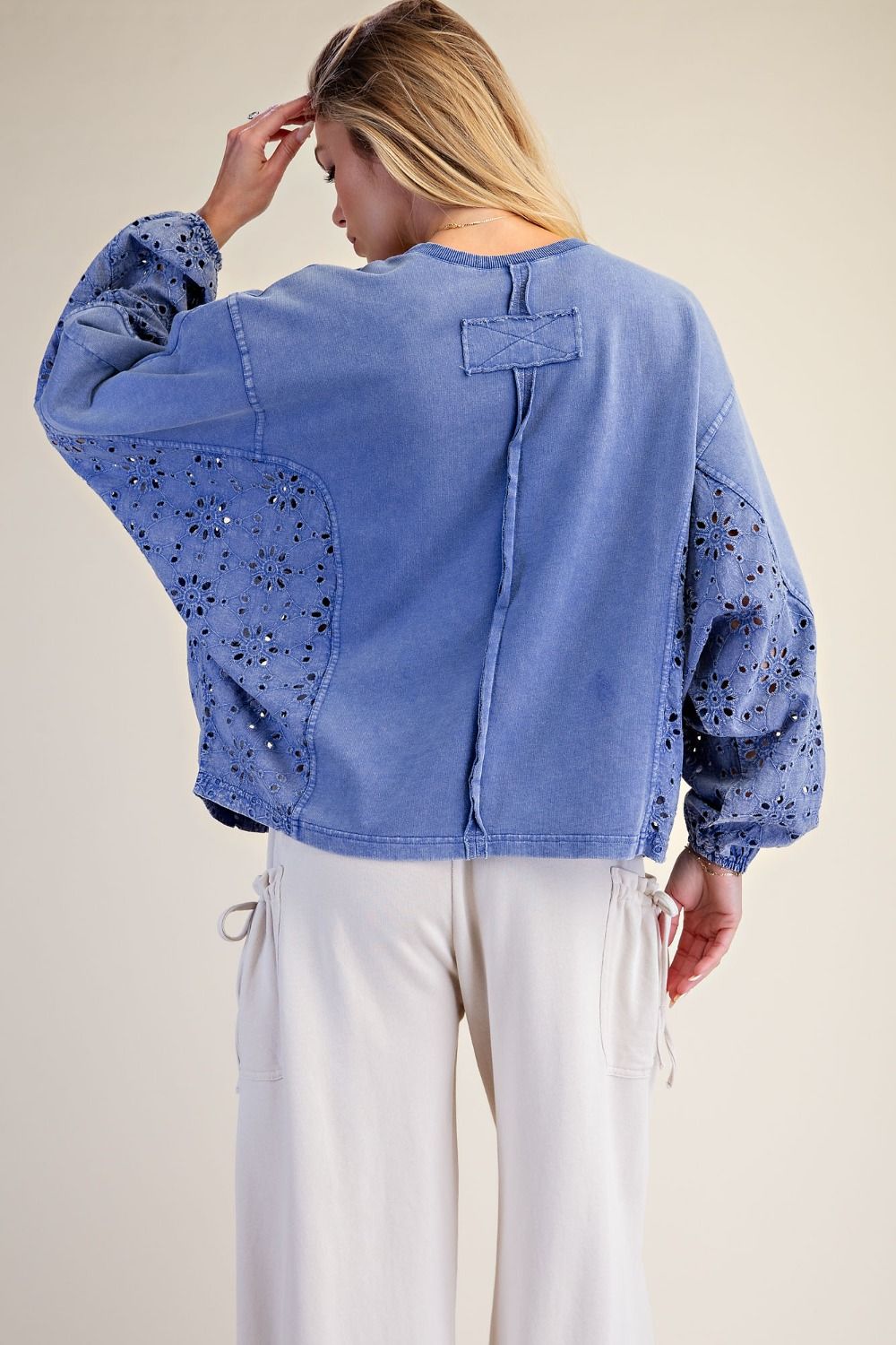 Easel Crochet Bloom Mineral Wash Terry Top in Blue
