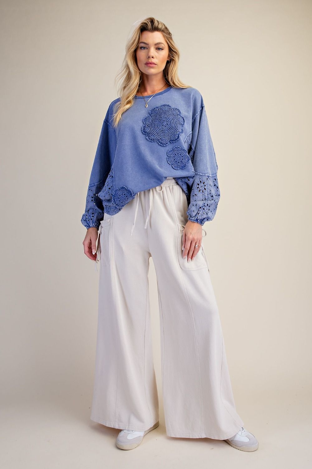 Easel Crochet Bloom Mineral Wash Terry Top in Blue