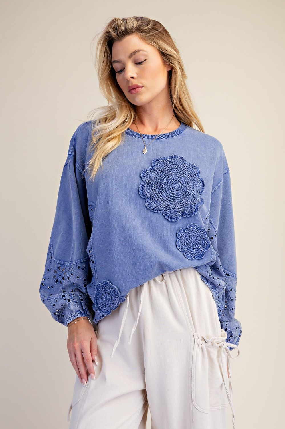 Easel Crochet Bloom Mineral Wash Terry Top in Blue