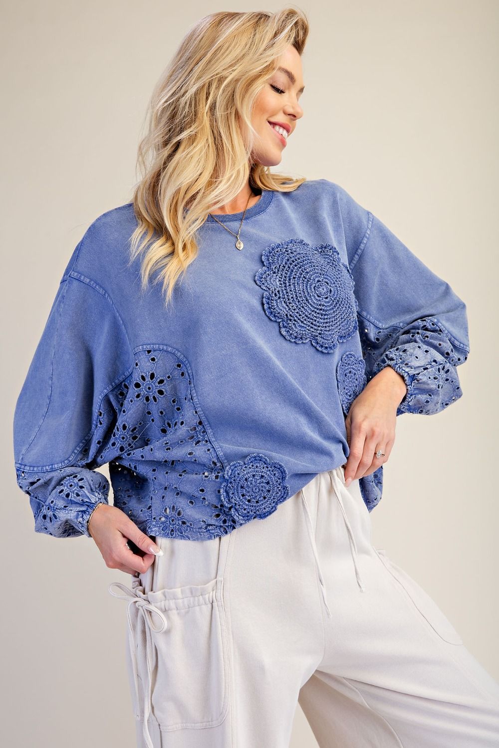 Easel Crochet Bloom Mineral Wash Terry Top in Blue