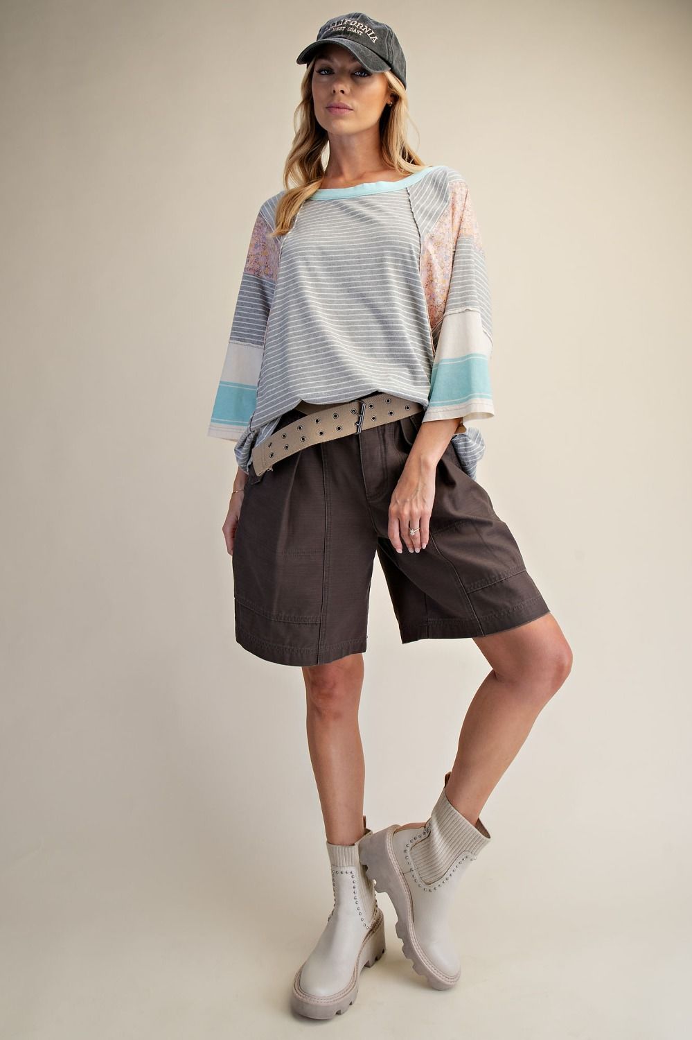 E38 Easel Striped Mix Print Mineral Washed Heather Gray with Aqua Knit Top Plus