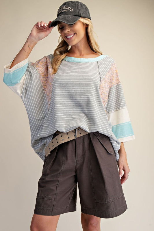E38 Easel Striped Mix Print Mineral Washed Heather Gray with Aqua Knit Top Plus