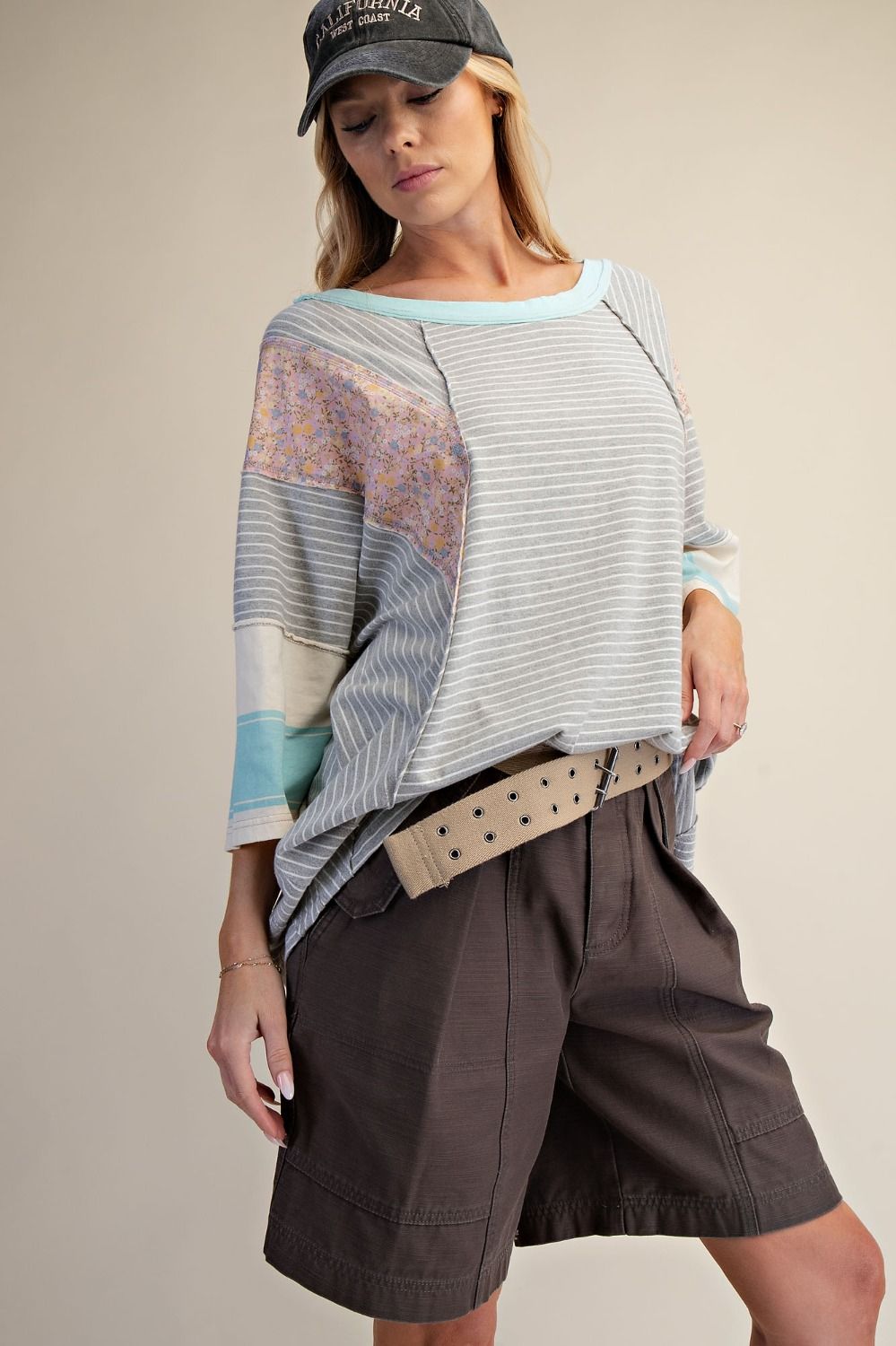E38 Easel Striped Mix Print Mineral Washed Heather Gray with Aqua Knit Top Plus
