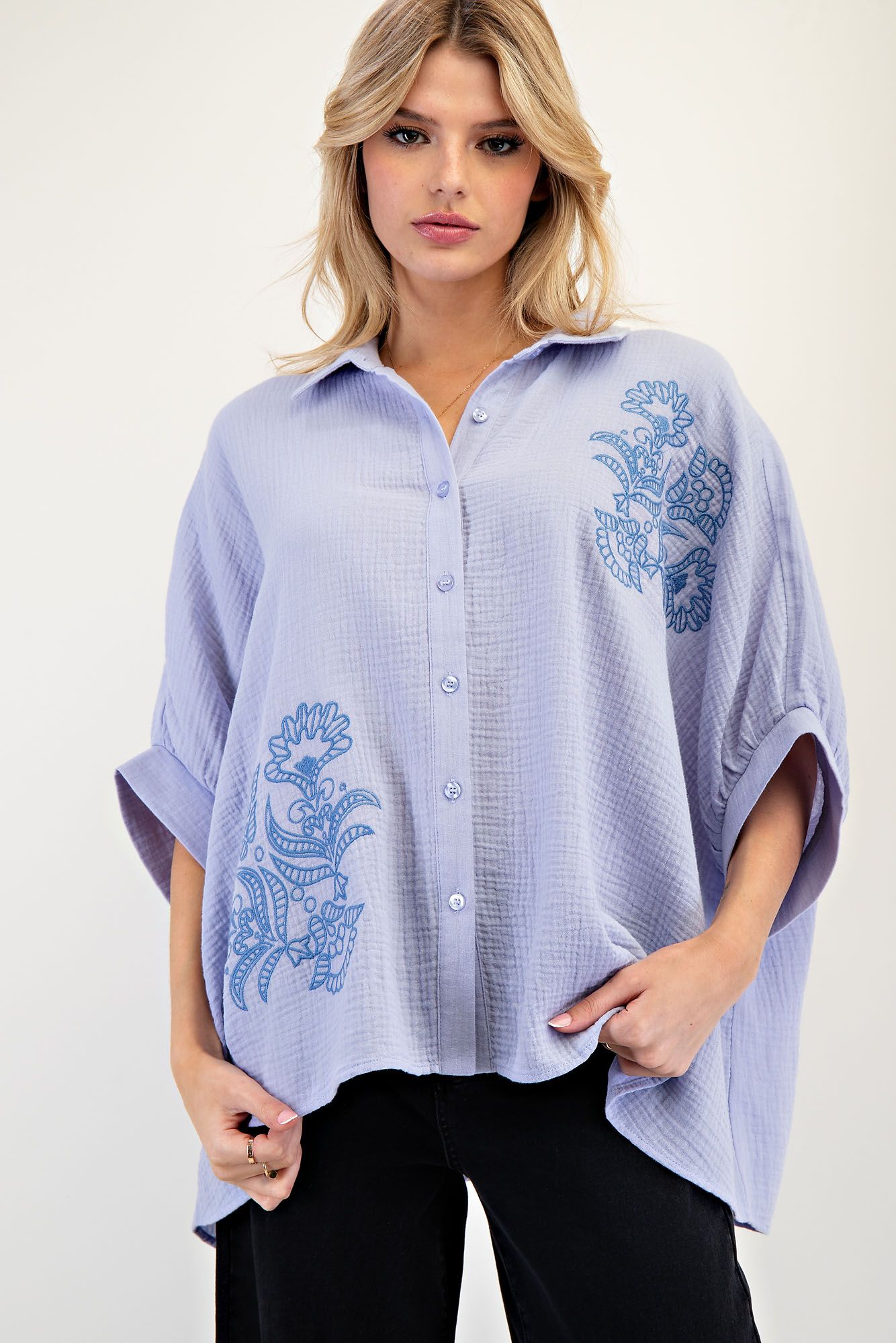E42 Easel Dusty Blue Embroidered Bloom Gauze Shirt