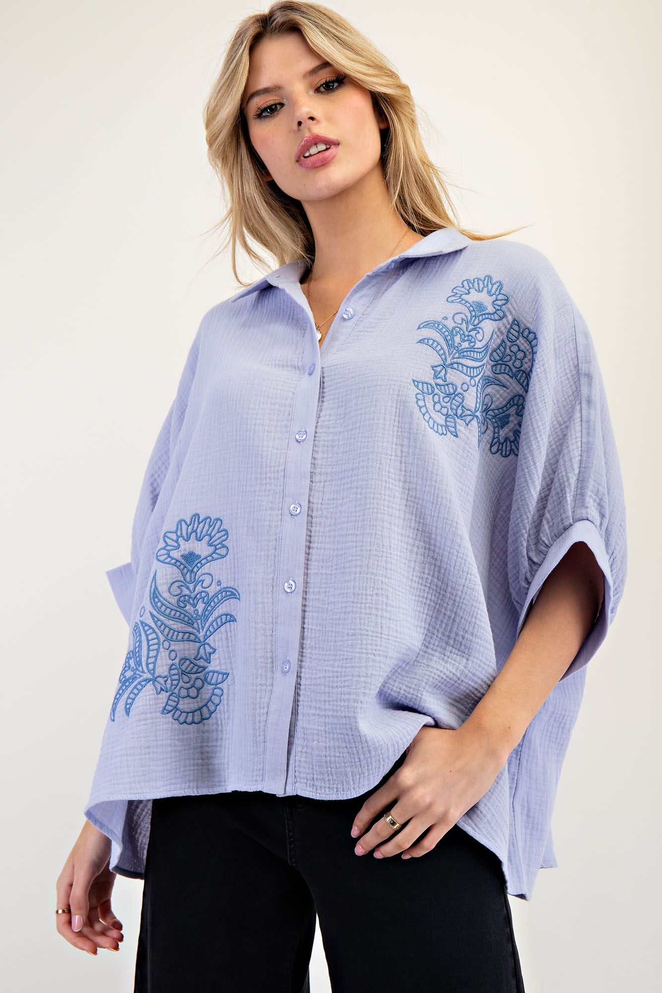 E42 Easel Dusty Blue Embroidered Bloom Gauze Shirt
