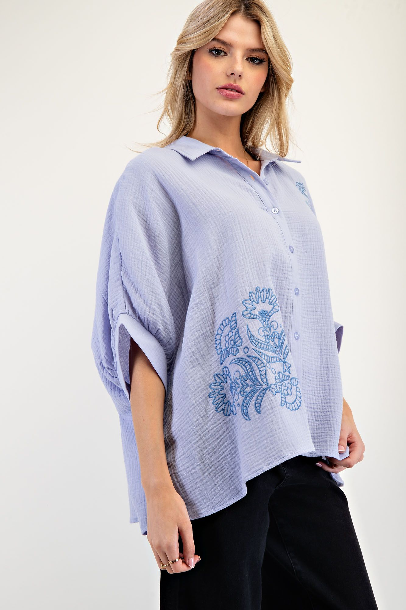 E42 Easel Dusty Blue Embroidered Bloom Gauze Shirt