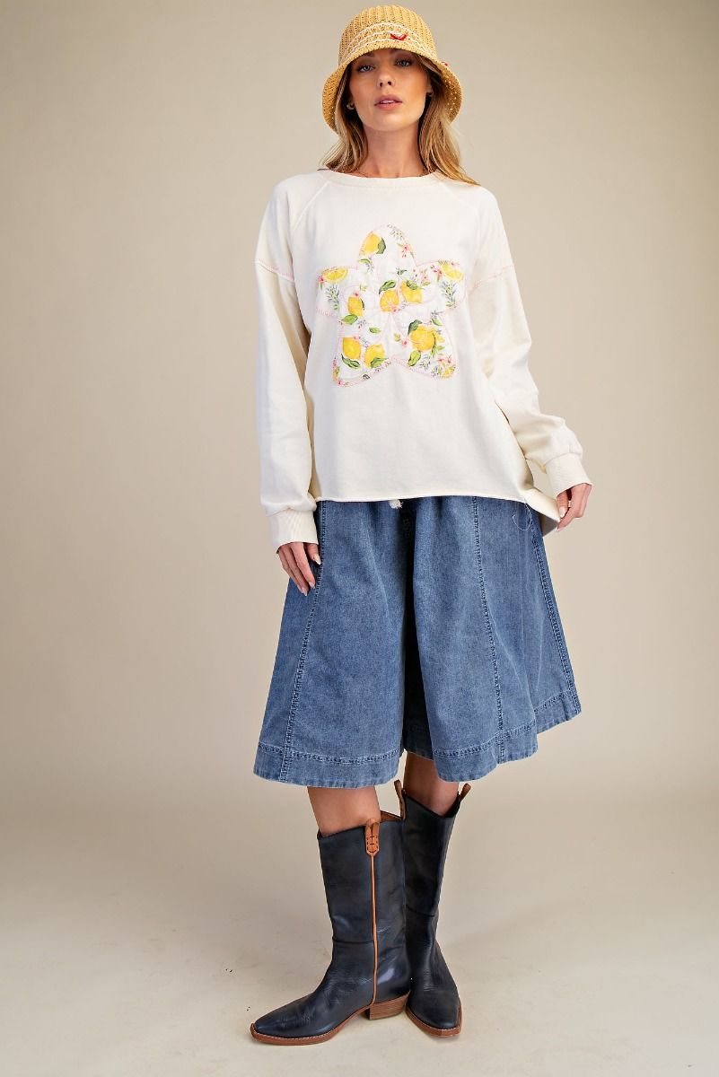 Easel Lemon Star Ivory Mineral Wash Cotton Pullover