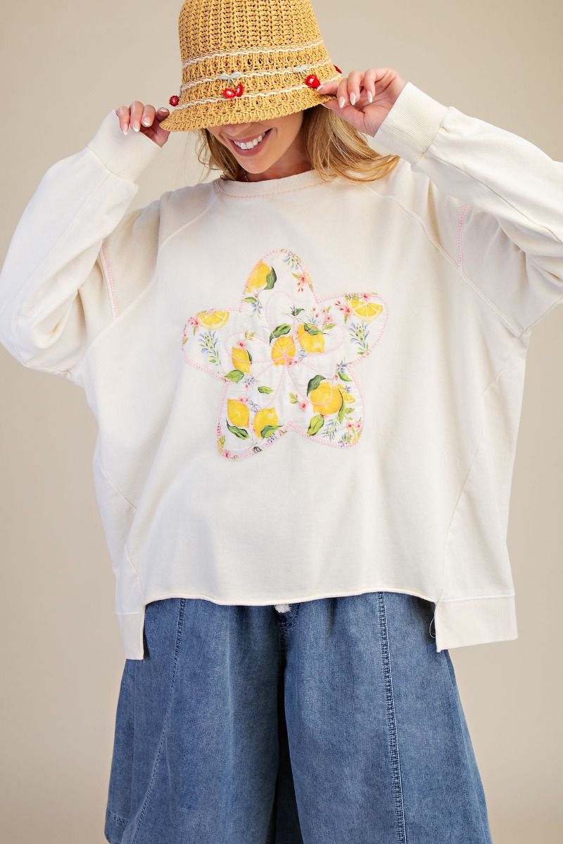 Easel Lemon Star Ivory Mineral Wash Cotton Pullover