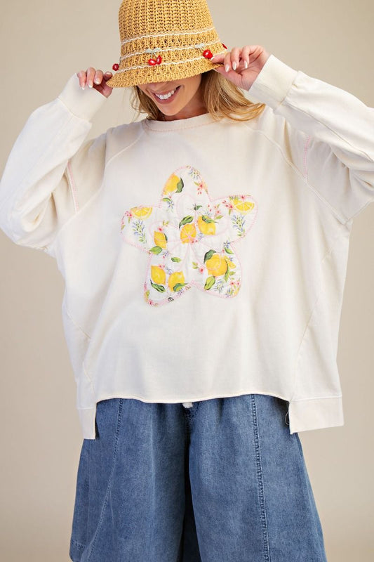 Easel Lemon Star Ivory Mineral Wash Cotton Pullover