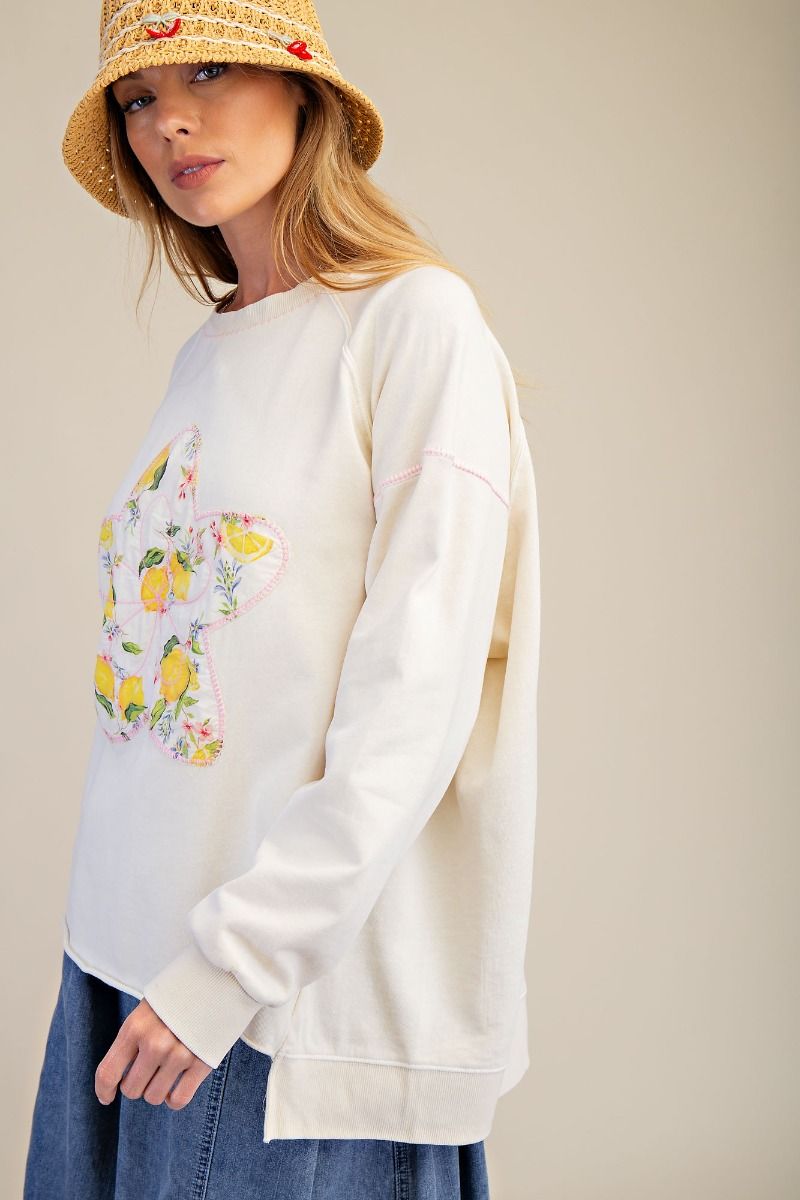 Easel Lemon Star Ivory Mineral Wash Cotton Pullover