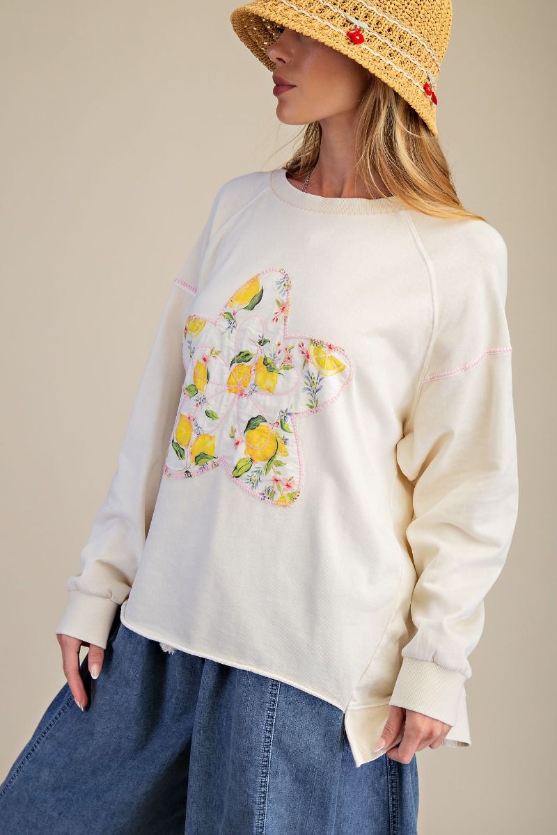 Easel Lemon Star Ivory Mineral Wash Cotton Pullover