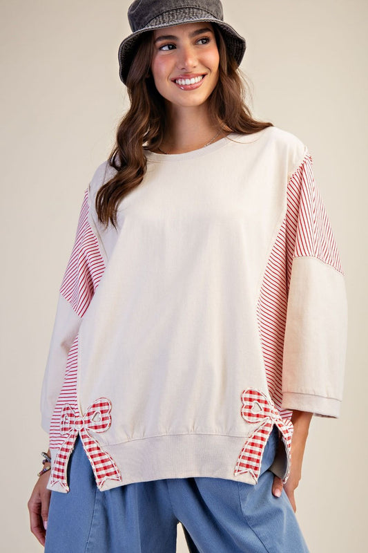 Easel Gingham Bow Patch Detail Pullover in Natural