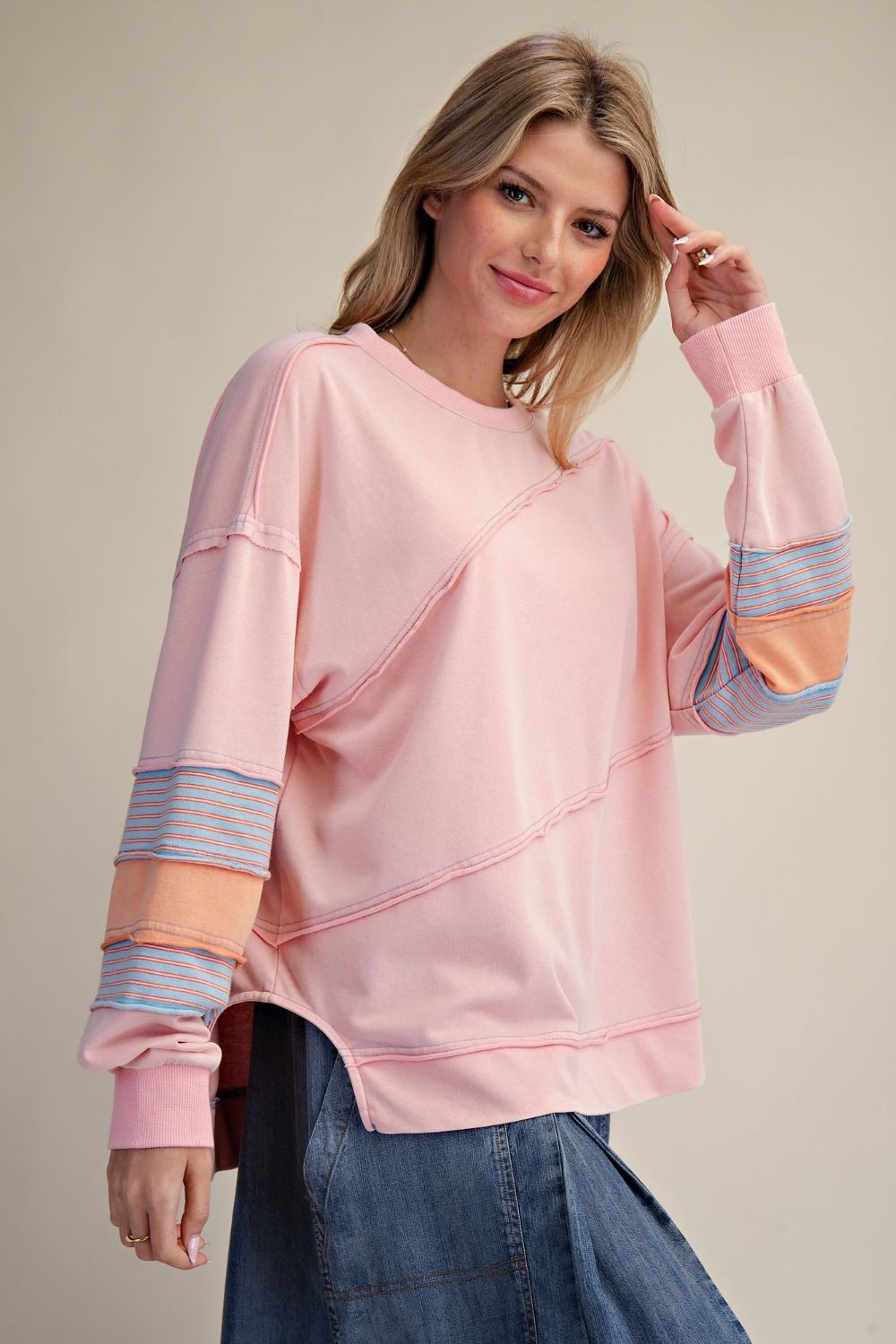Easel Plus Size Coral Pink Terry Pullover