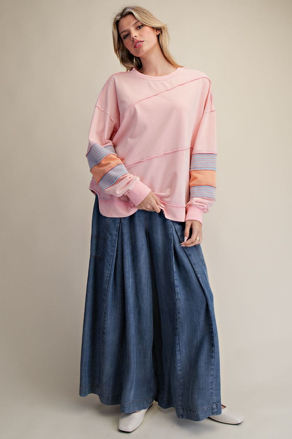 Easel Plus Size Coral Pink Terry Pullover