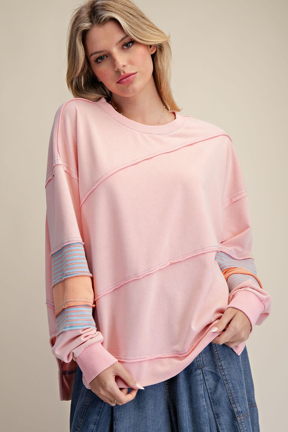 Easel Plus Size Coral Pink Terry Pullover