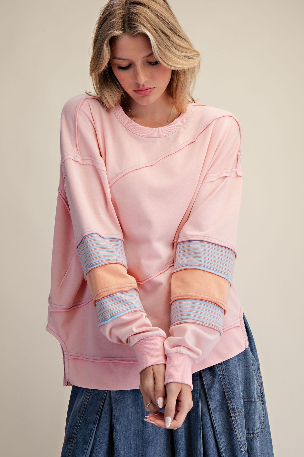 Easel Plus Size Coral Pink Terry Pullover