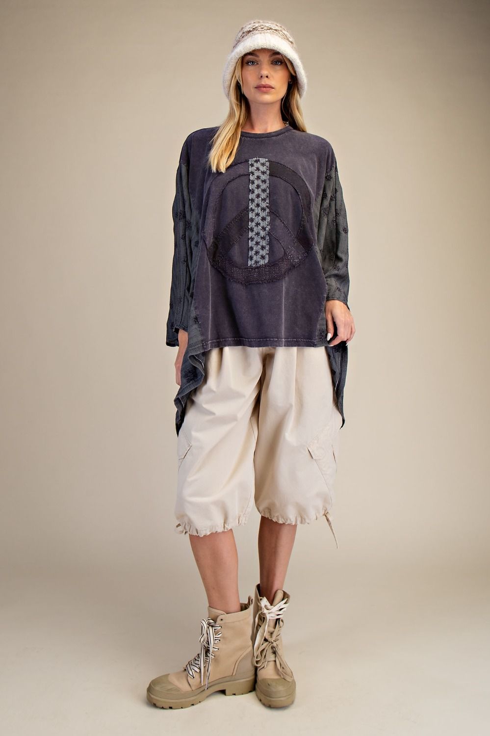 E12 Easel Black Mineral Washed Peace Sign Poncho Top