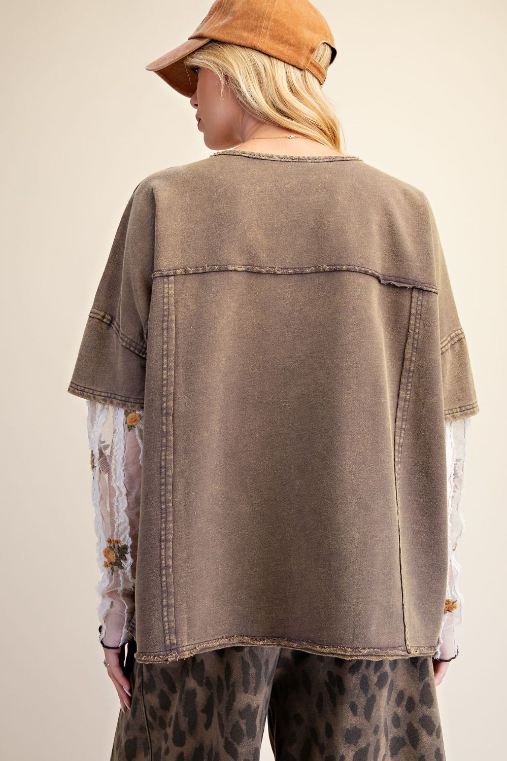 Easel Peace Mineral Washed Patchwork Top in Ash - Plus Size
