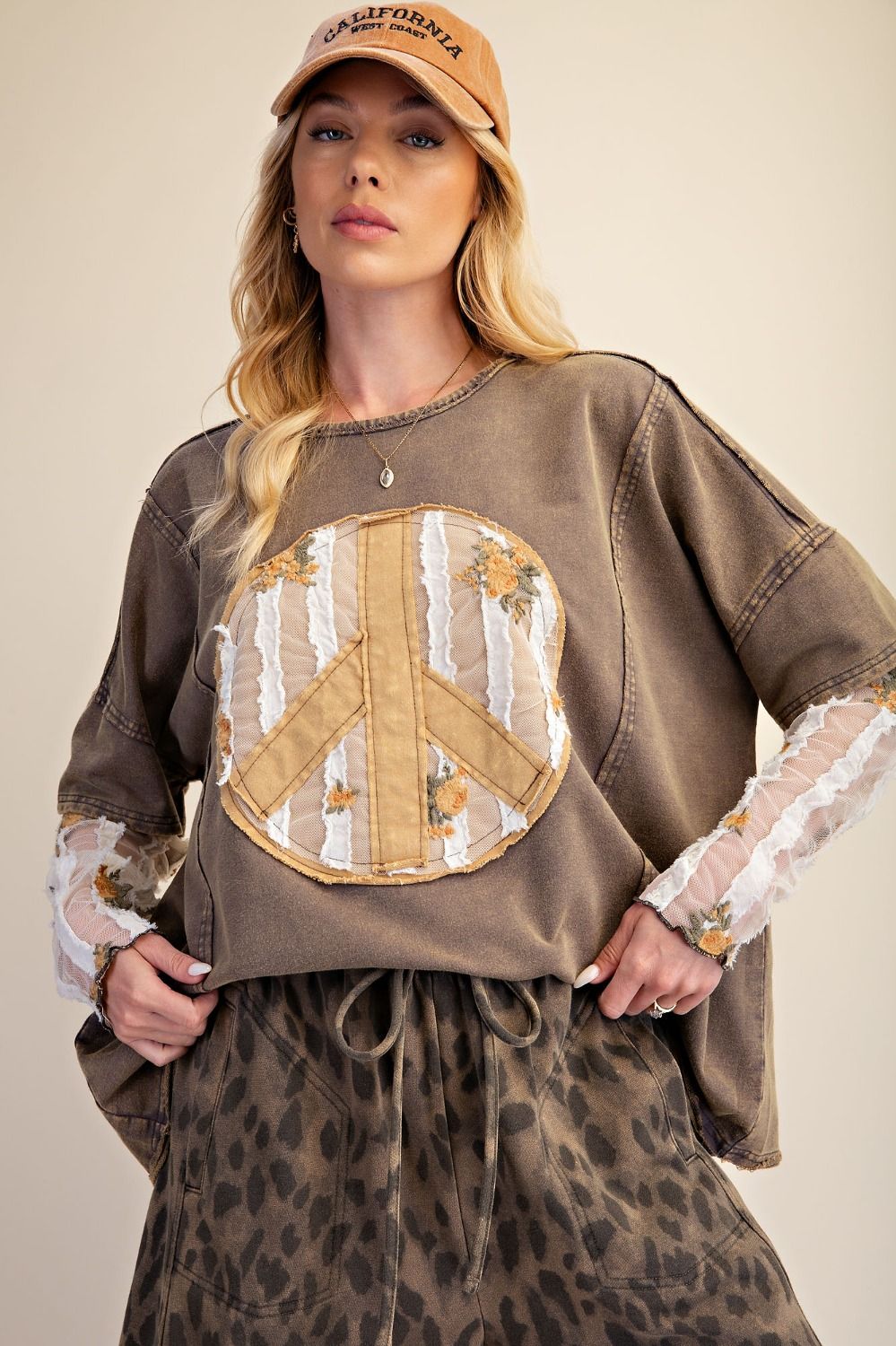 Easel Peace Mineral Washed Patchwork Top in Ash - Plus Size