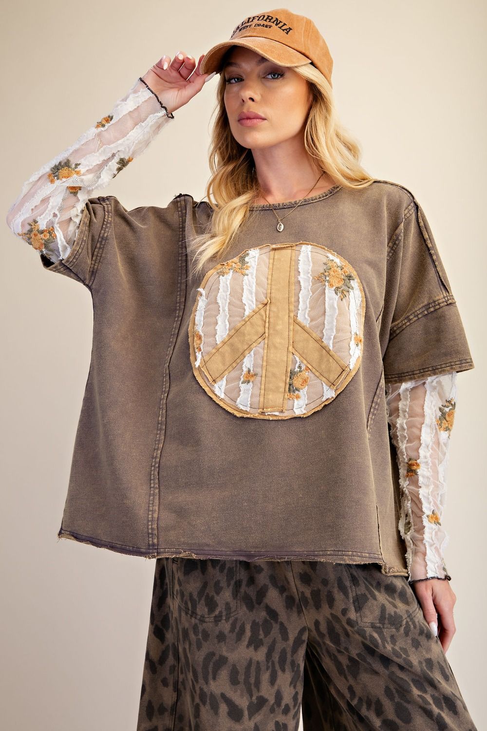 Easel Peace Mineral Washed Patchwork Top in Ash - Plus Size