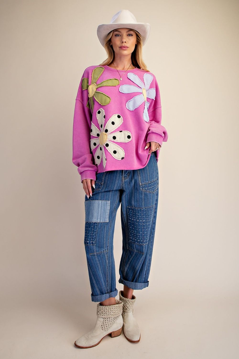 Easel Floral Patch Front Washed Terry Pullover Plus Size in Dragon Fruit