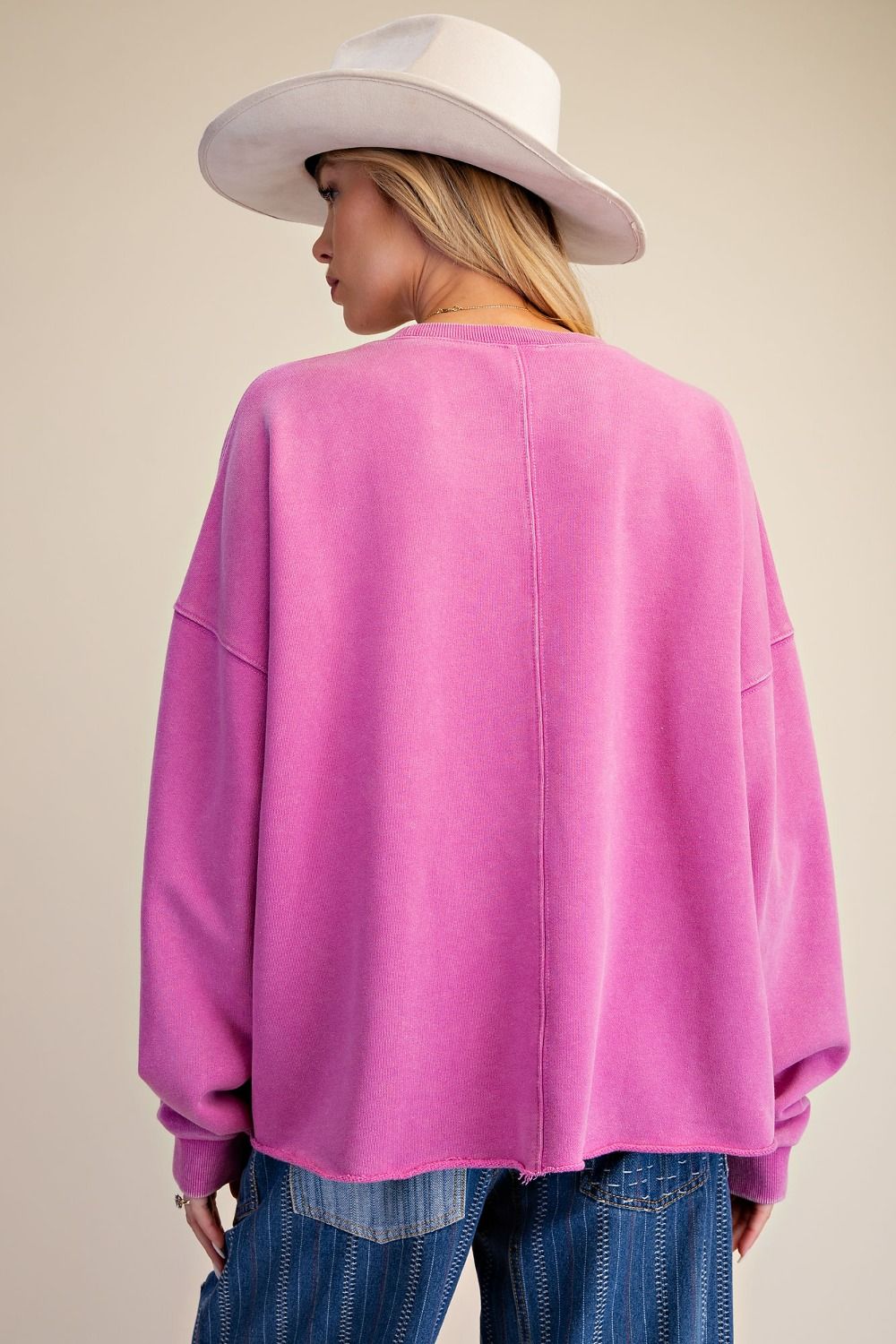 Easel Floral Patch Front Washed Terry Pullover Plus Size in Dragon Fruit