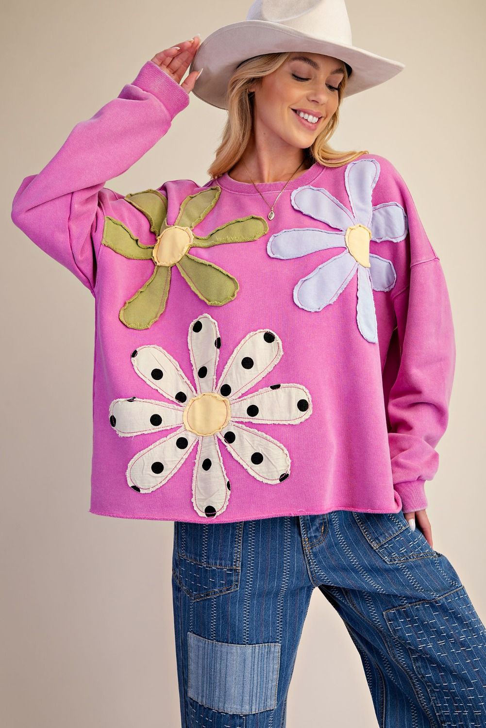 Easel Floral Patch Front Washed Terry Pullover Plus Size in Dragon Fruit