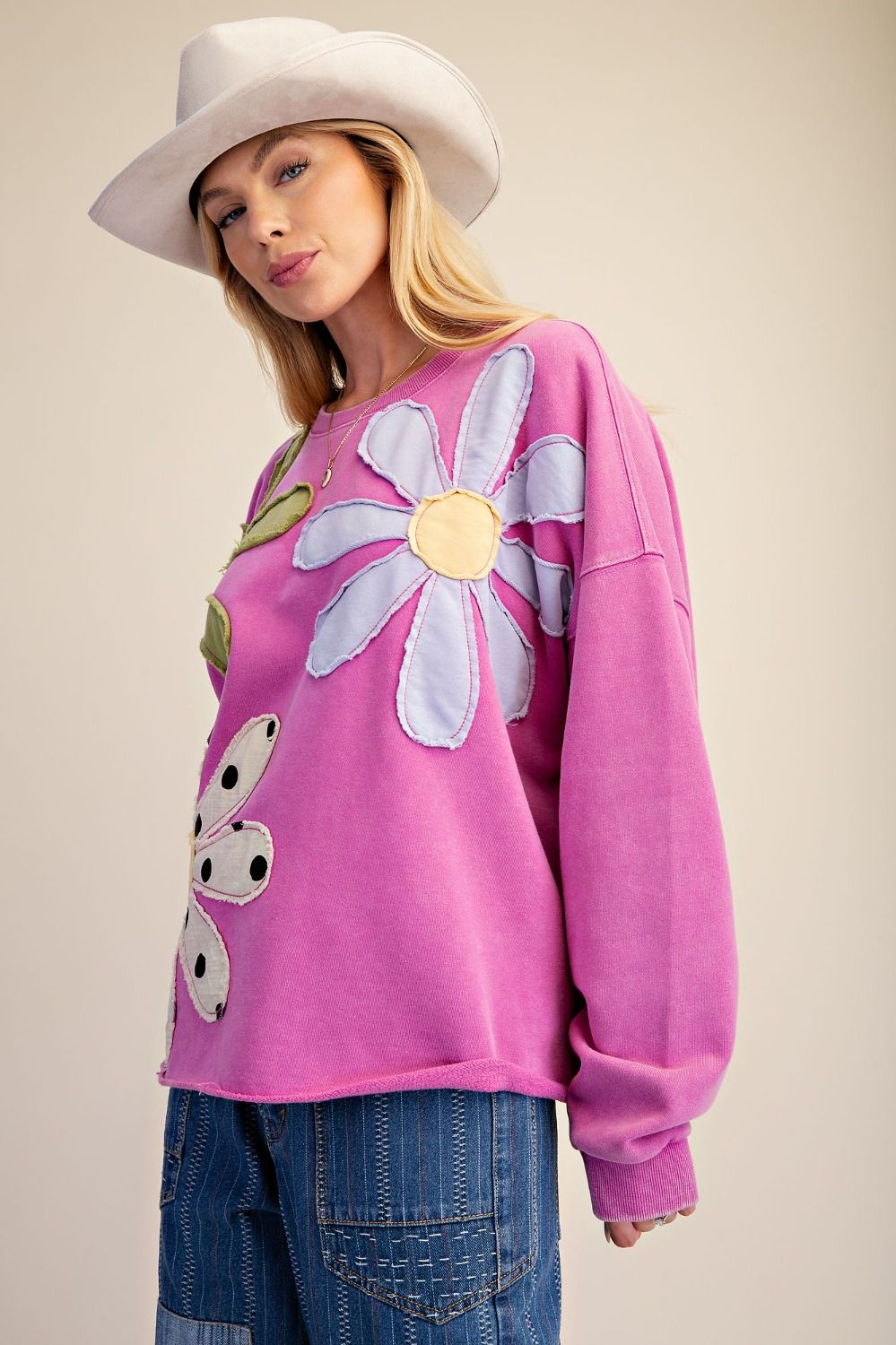 Easel Floral Patch Front Washed Terry Pullover Plus Size in Dragon Fruit