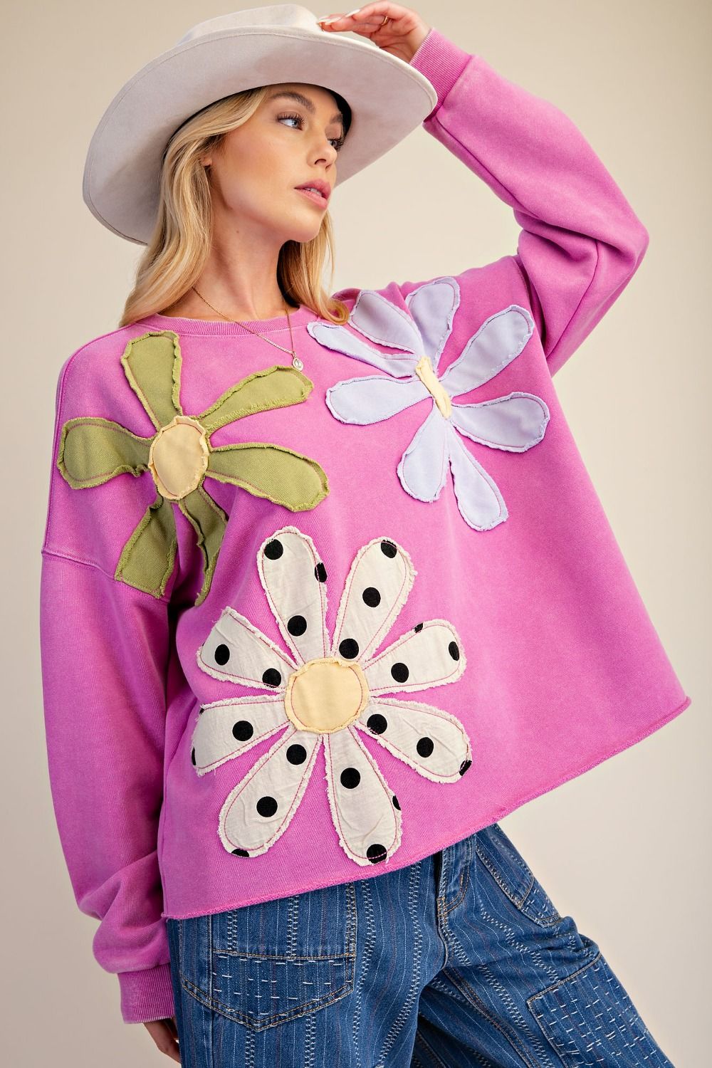 Easel Floral Patch Front Washed Terry Pullover Plus Size in Dragon Fruit