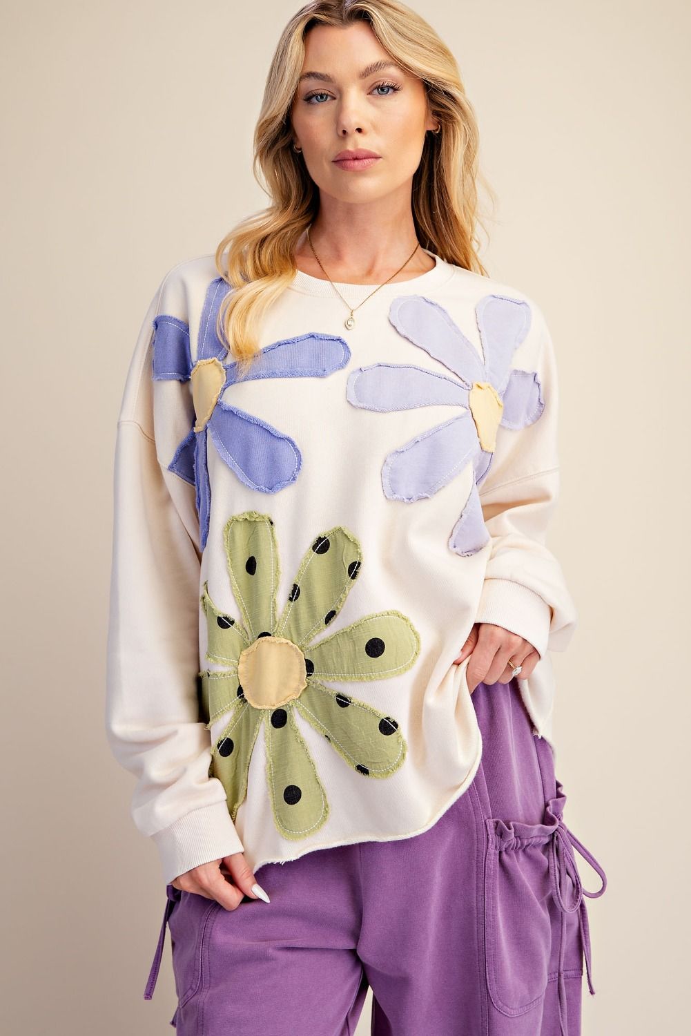 Easel Floral Patch Front Washed Terry Pullover Plus and Regular Sizes