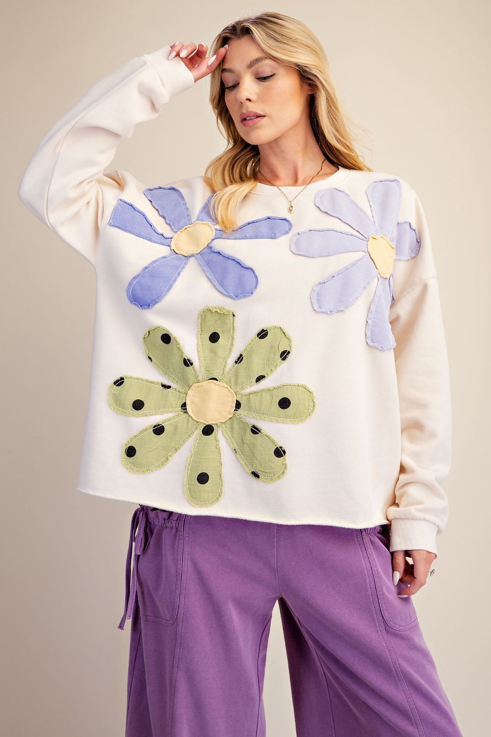 Easel Floral Patch Front Washed Terry Pullover Plus and Regular Sizes