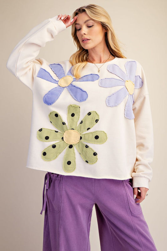Easel Floral Patch Front Washed Terry Pullover Plus Size