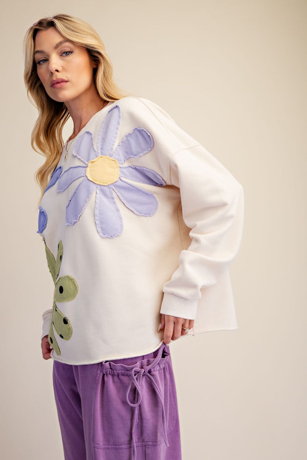 Easel Floral Patch Front Washed Terry Pullover Plus and Regular Sizes