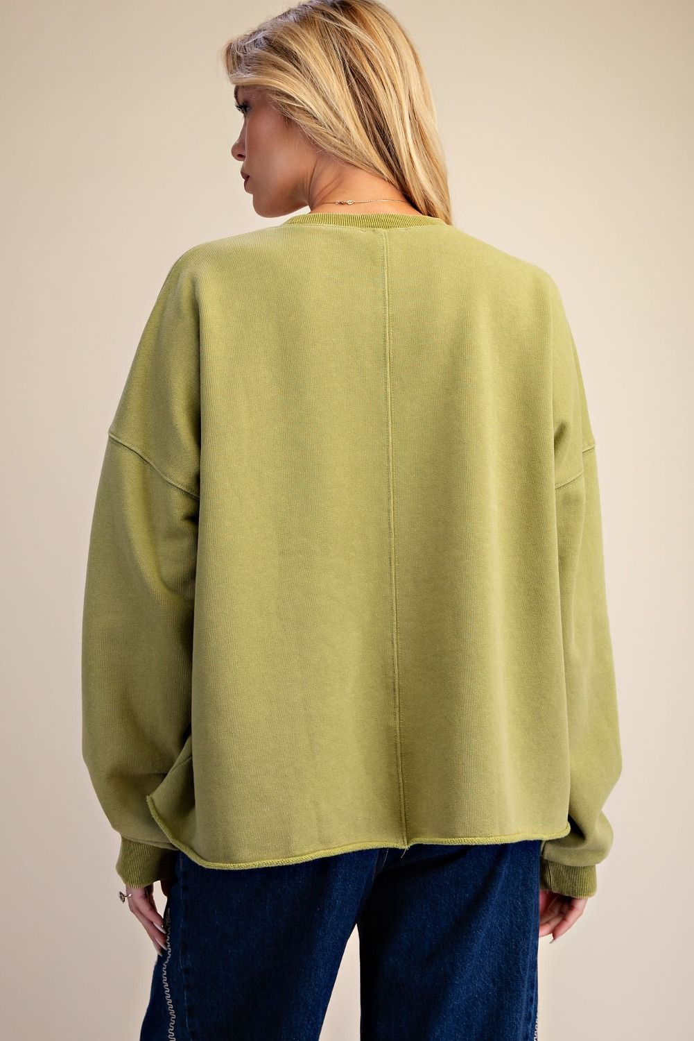 Easel Floral Patch Front Washed Terry Pullover in Matcha Green