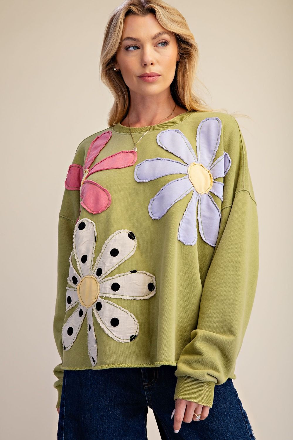 Easel Floral Patch Front Washed Terry Pullover in Matcha Green