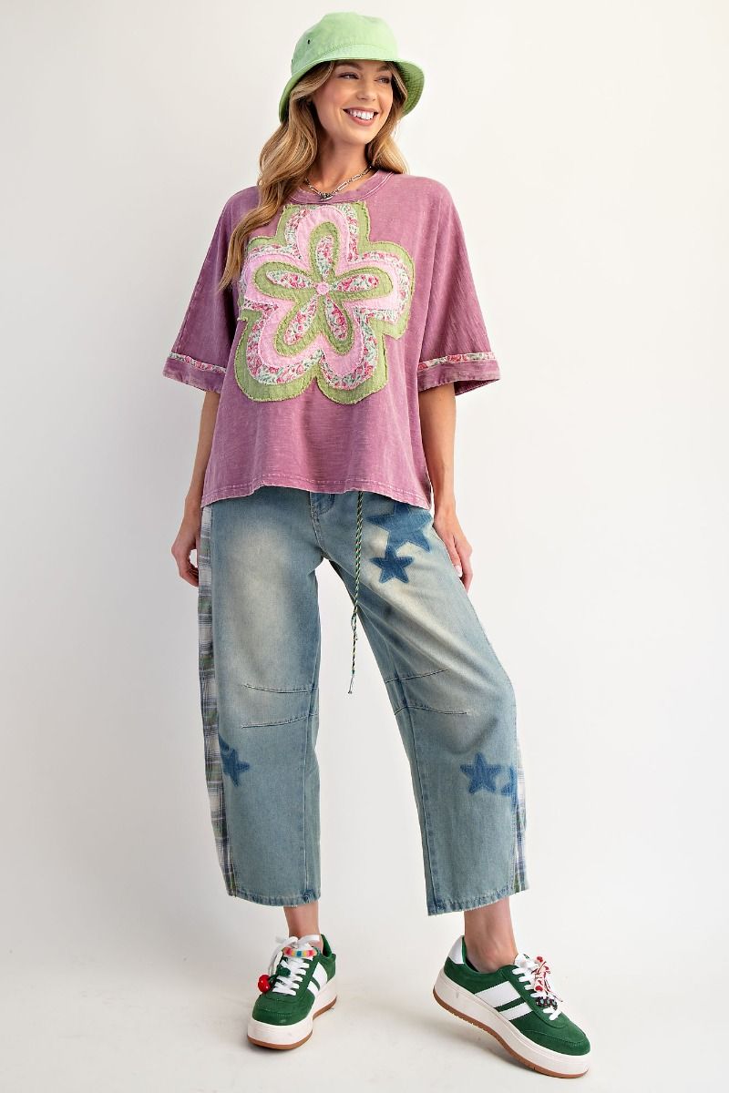 E22 Easel Dusty Magenta Pink Flower Patch Washed 100% Cotton Slub Top VERY OVERSIZED
