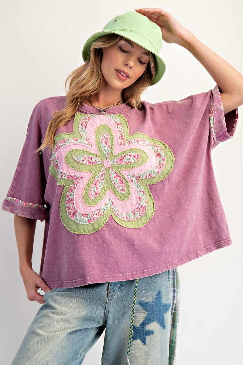 E22 Easel Dusty Magenta Pink Flower Patch Washed 100% Cotton Slub Top VERY OVERSIZED