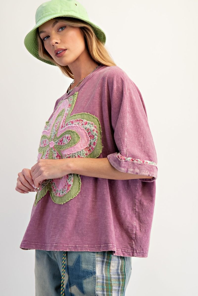E22 Easel Dusty Magenta Pink Flower Patch Washed 100% Cotton Slub Top VERY OVERSIZED