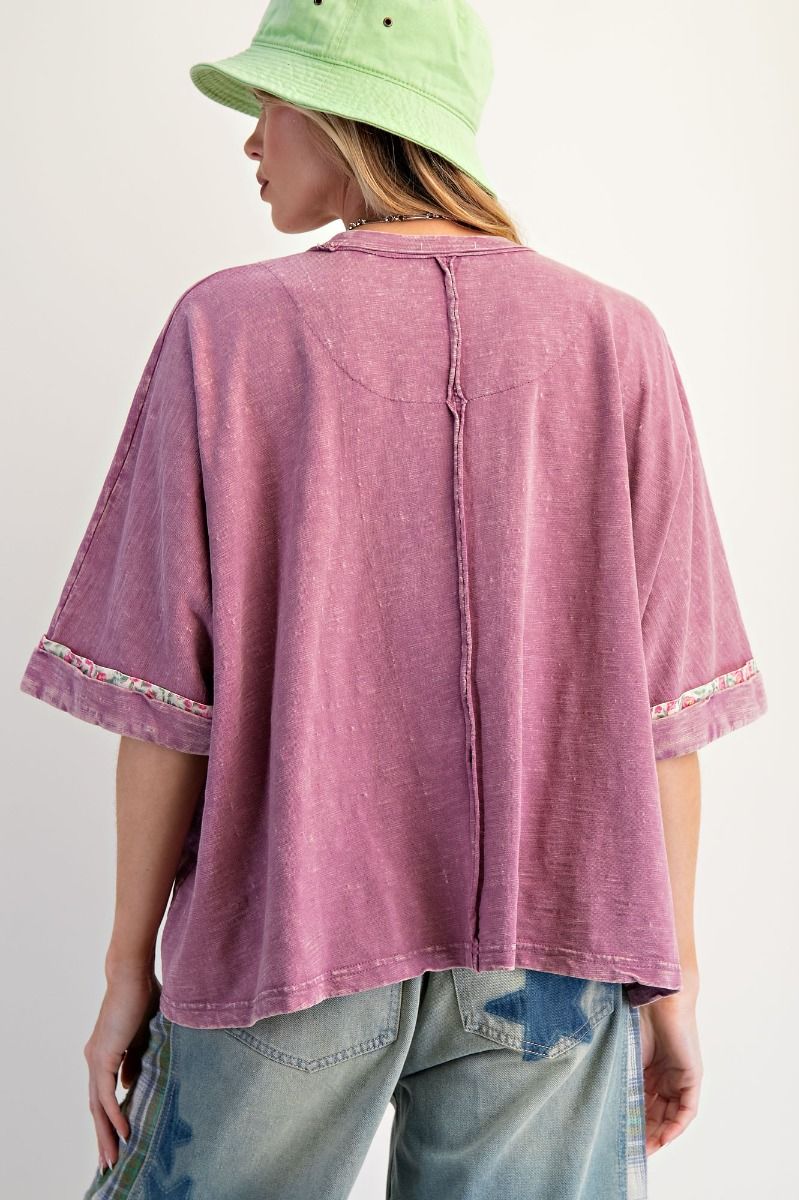 E22 Easel Dusty Magenta Pink Flower Patch Washed 100% Cotton Slub Top VERY OVERSIZED