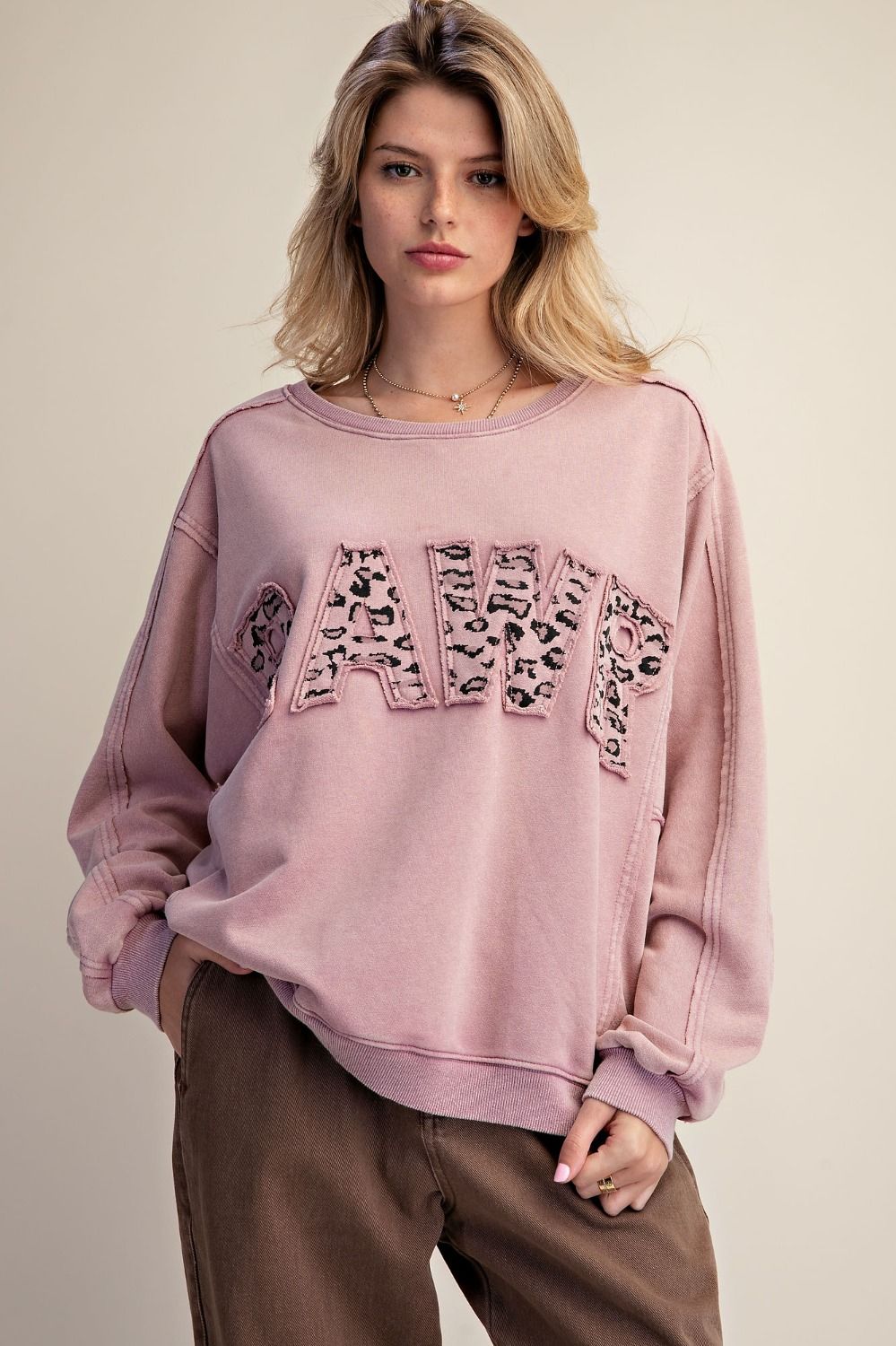 E48 Easel RAWR Patch Washed Terry Pullover in Rose Pink