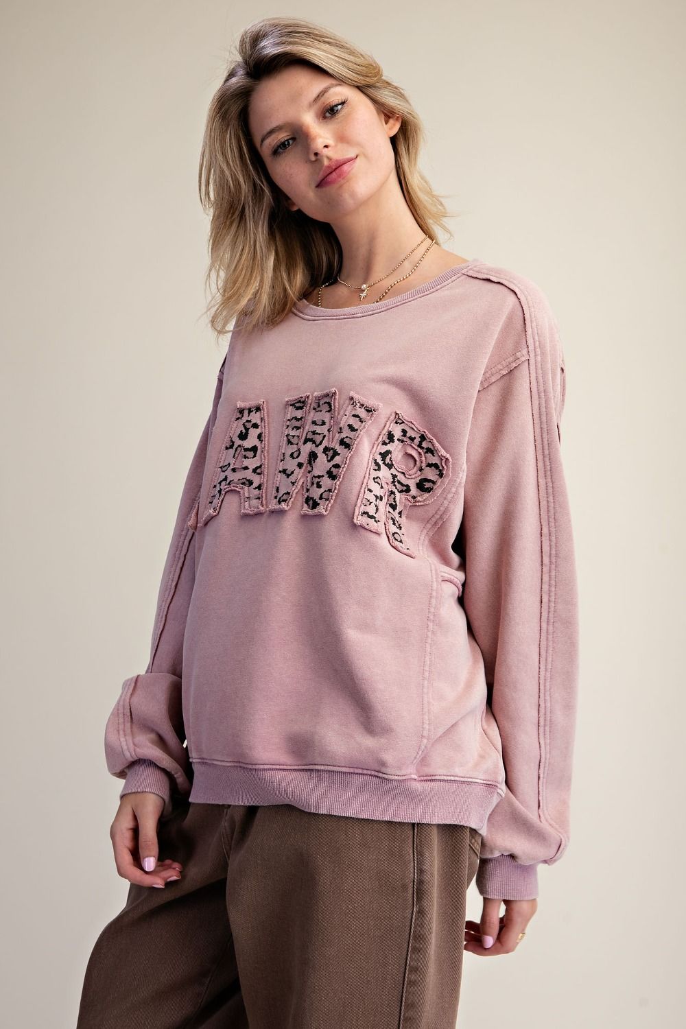 E48 Easel RAWR Patch Washed Terry Pullover in Rose Pink