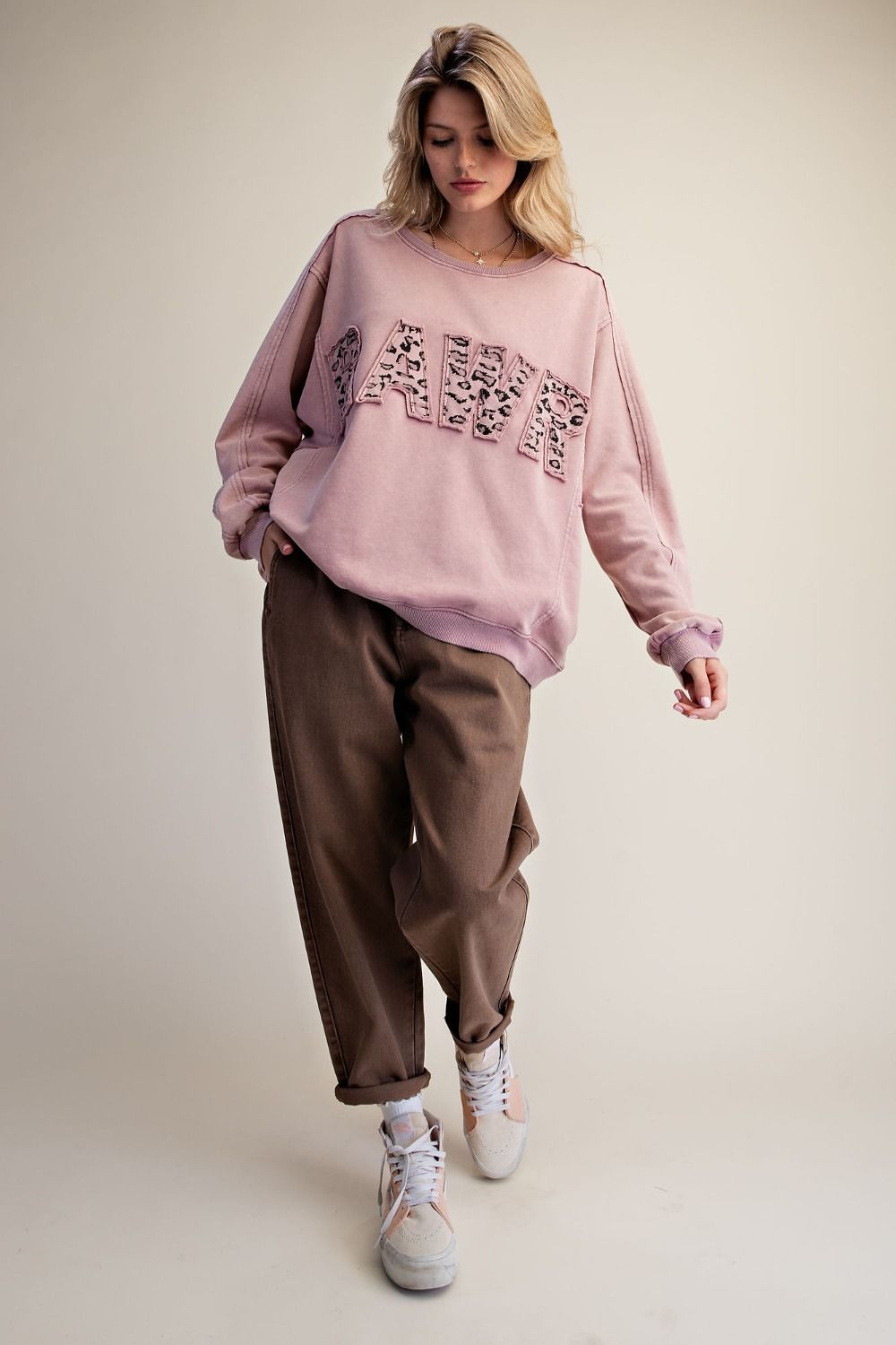 E48 Easel RAWR Patch Washed Terry Pullover in Rose Pink
