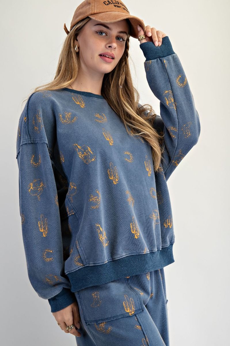 Easel Plus Western Print Mineral Washed Terry Pullover
