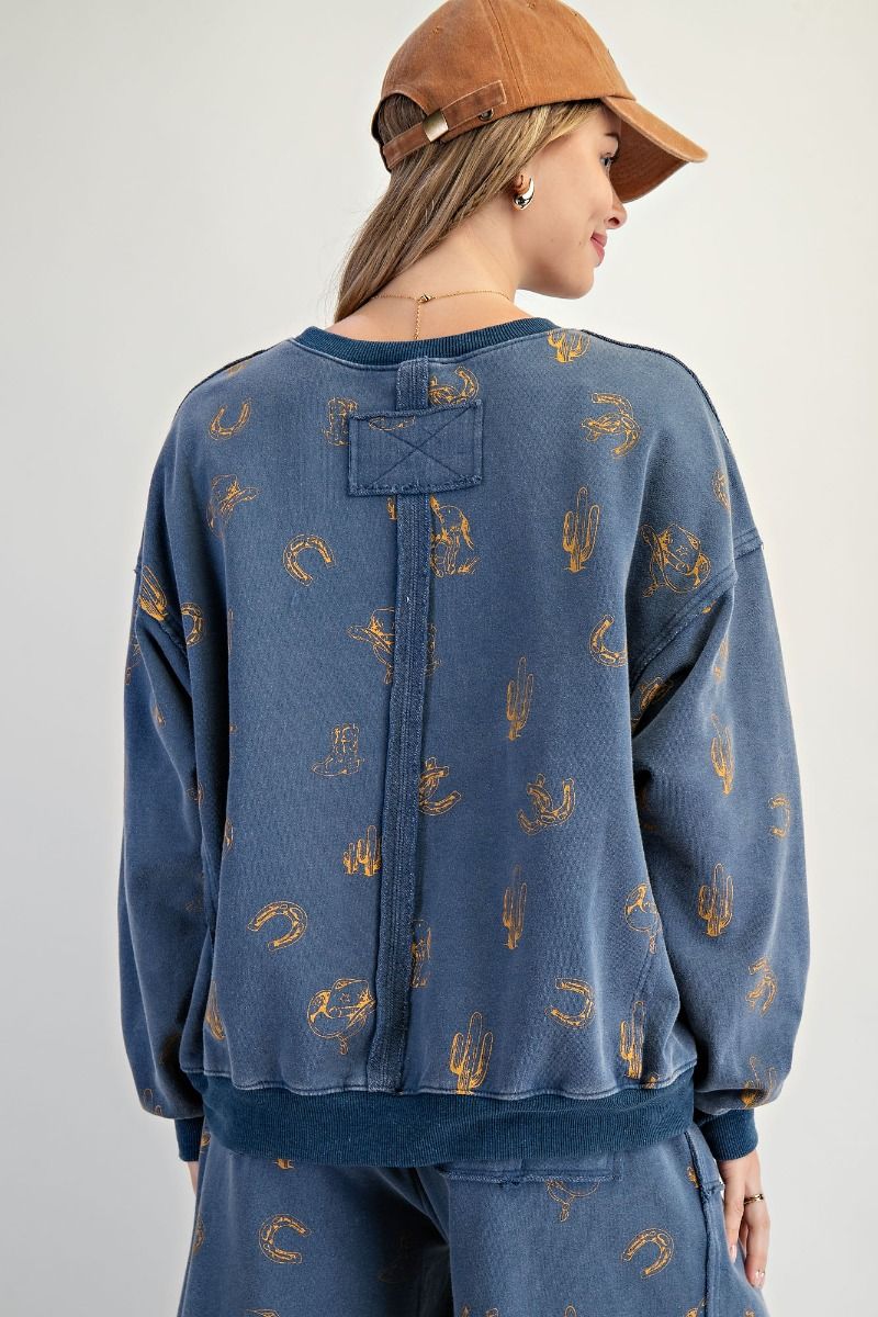 Easel Plus Western Print Mineral Washed Terry Pullover