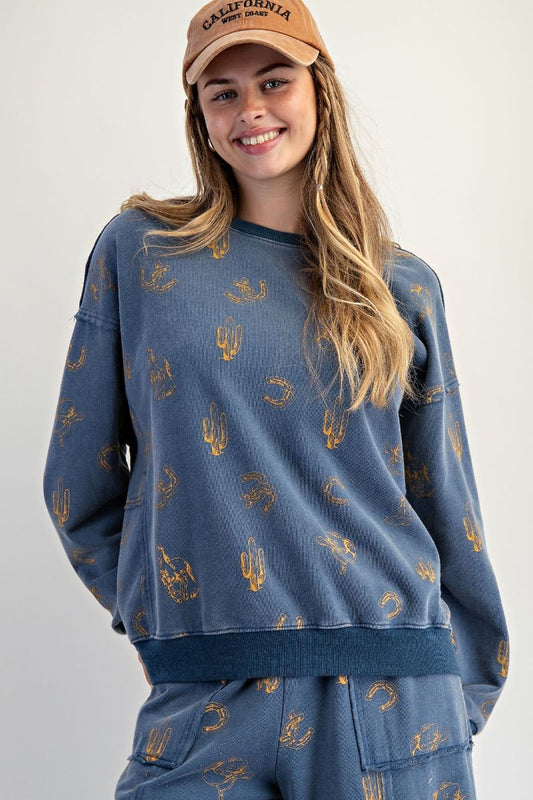 Easel Plus Western Print Mineral Washed Terry Pullover