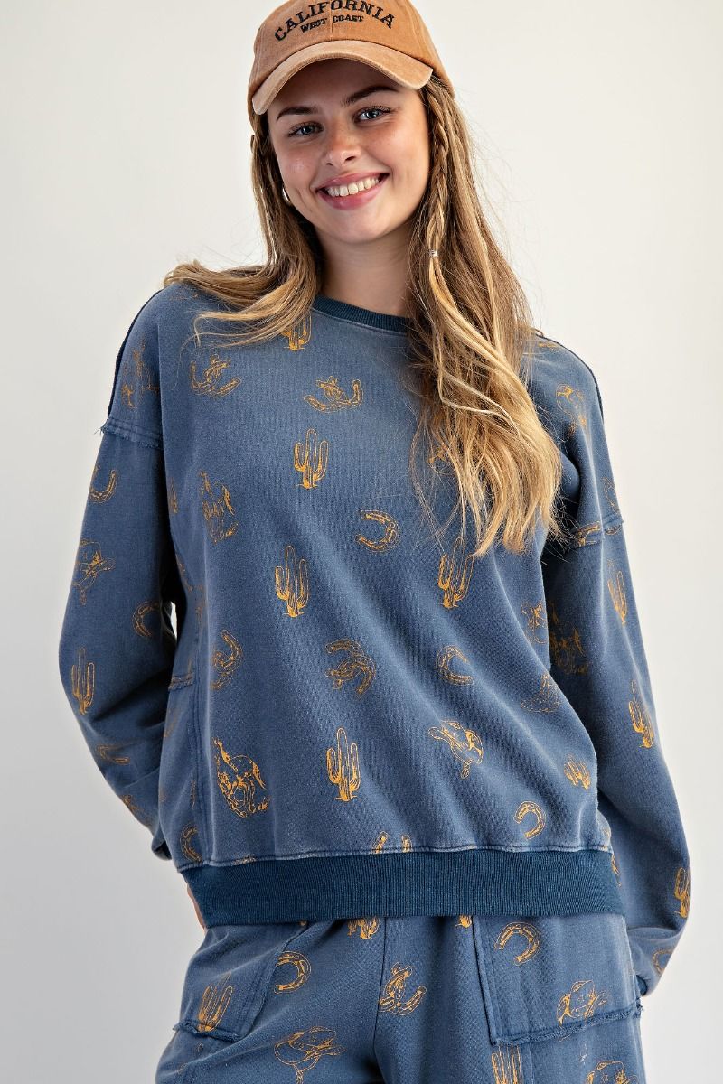 Easel Plus Western Print Mineral Washed Terry Pullover