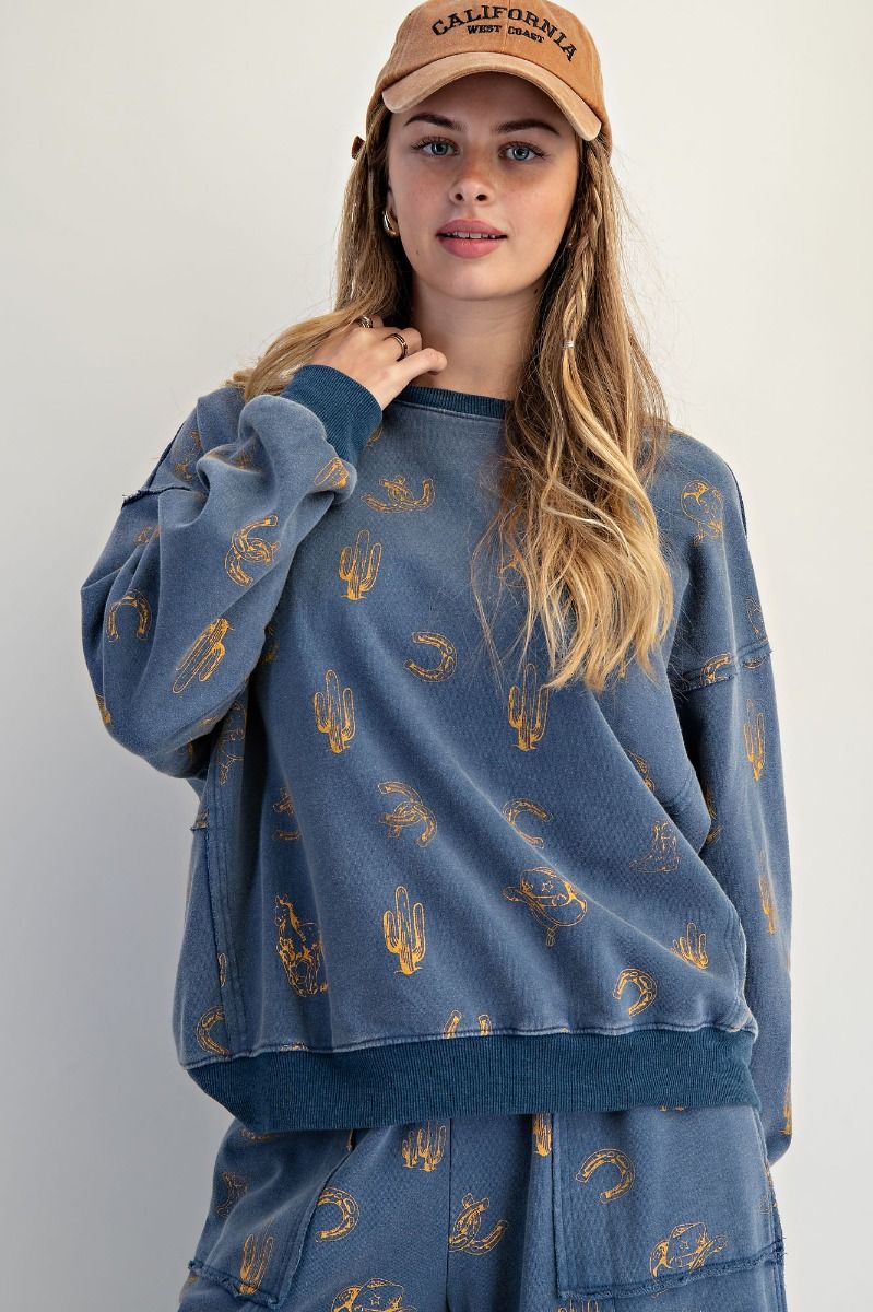 Easel Plus Western Print Mineral Washed Terry Pullover