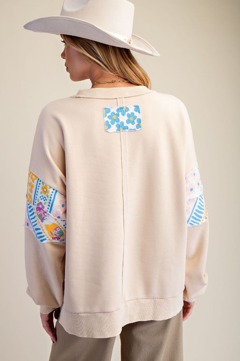 Easel Floral Patchwork Mineral Wash Pullover